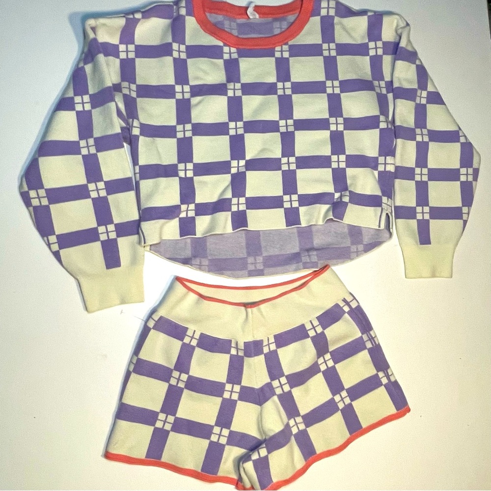 Daily Practice by Anthropologie Purple and Cream Checkered and Shorts Set